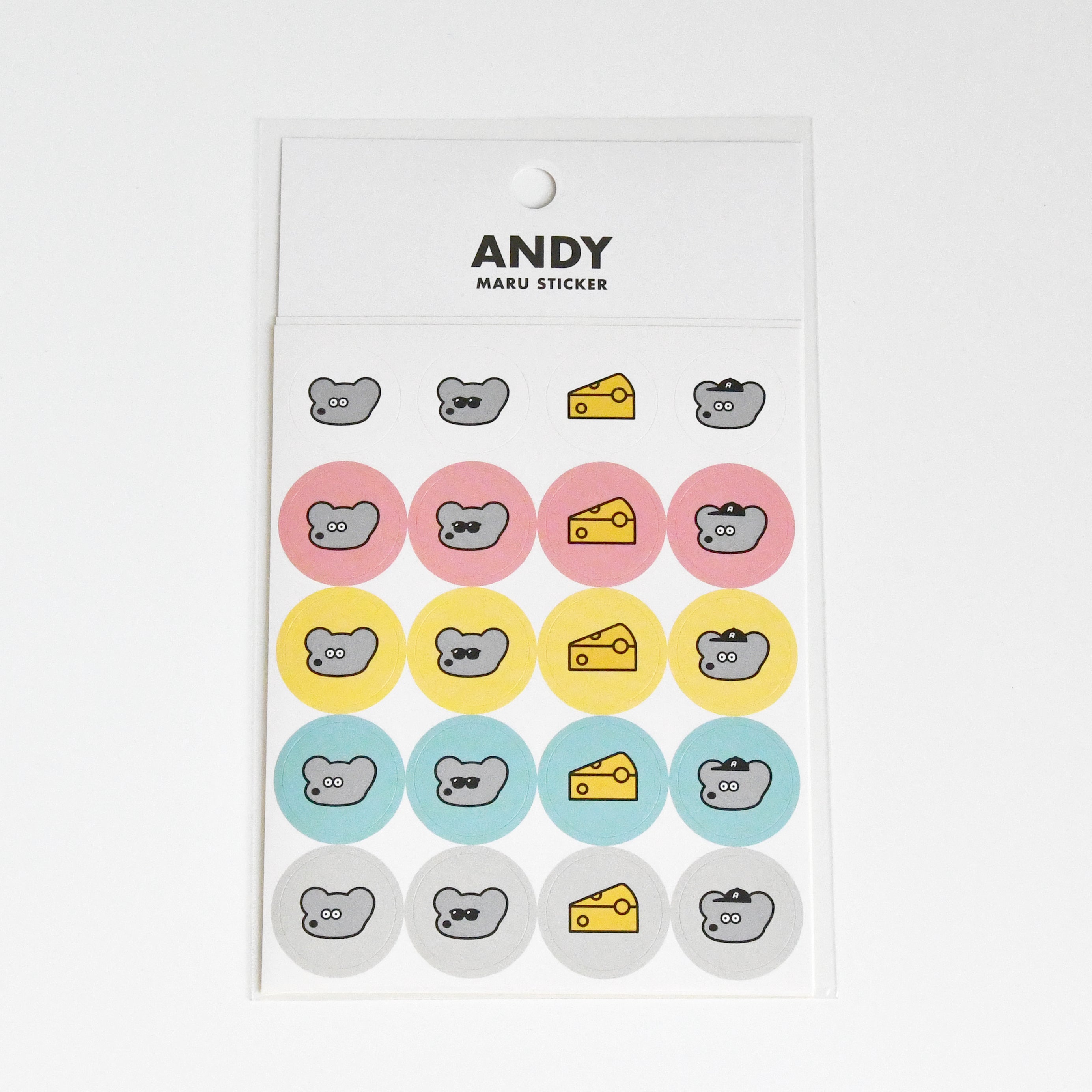 ANDY Japanese Mouse Cheese Character MARU Circle Sticker, 20 pieces