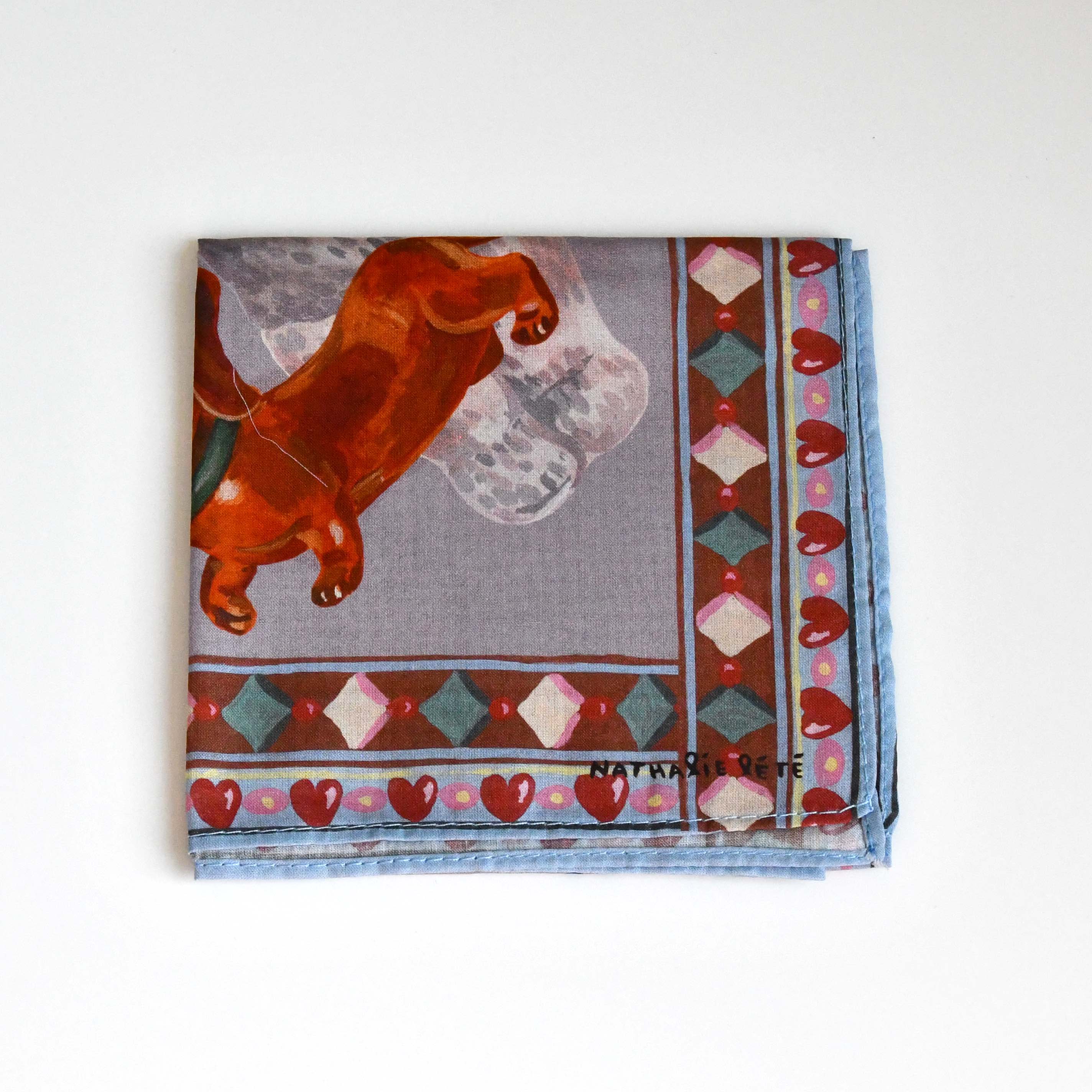 Nathalie Lete Handmade Cotton Handkerchief Bear&Dog, Illustration 