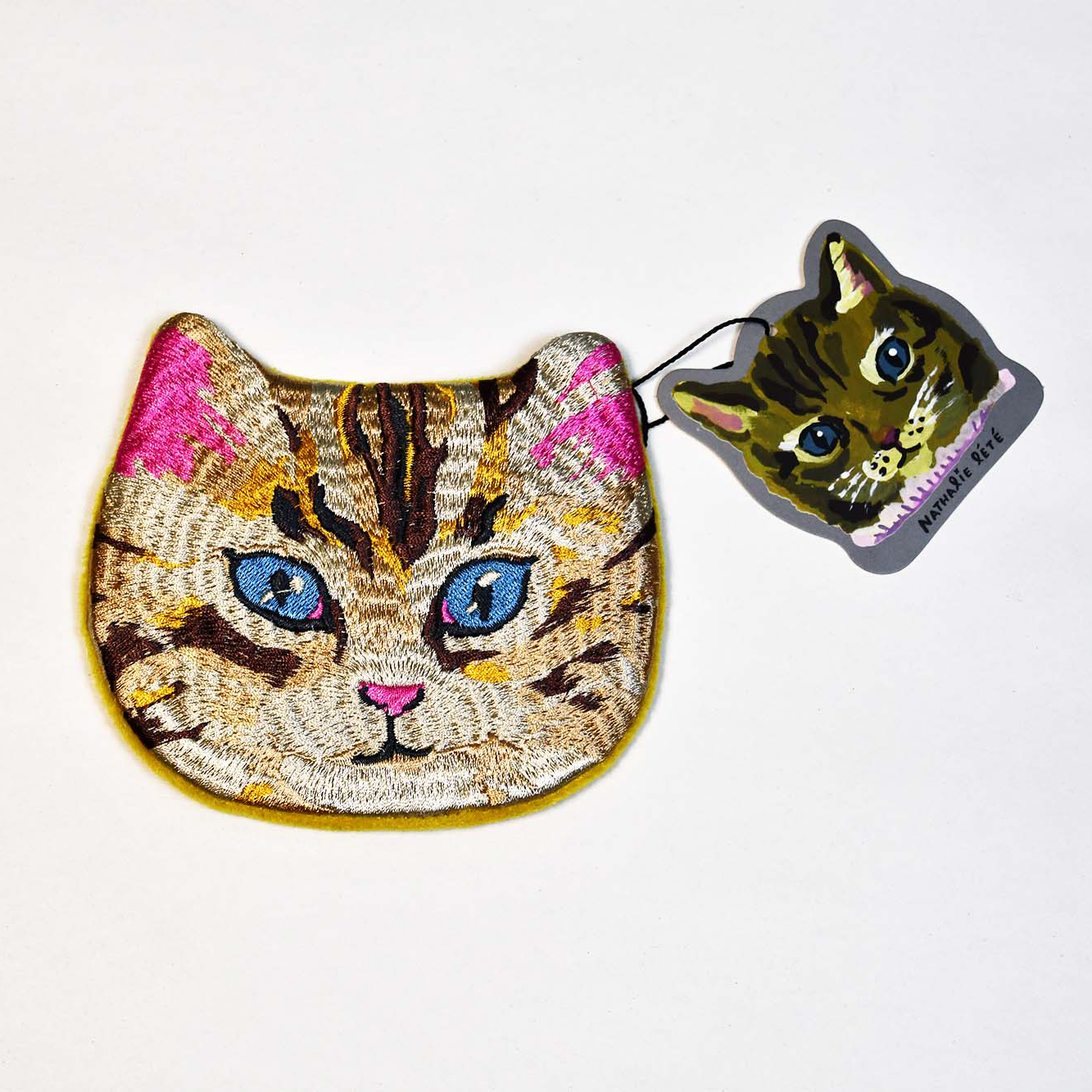 [Nathalie Lete] Embroidered Cat Face Pouch - Blue Eye