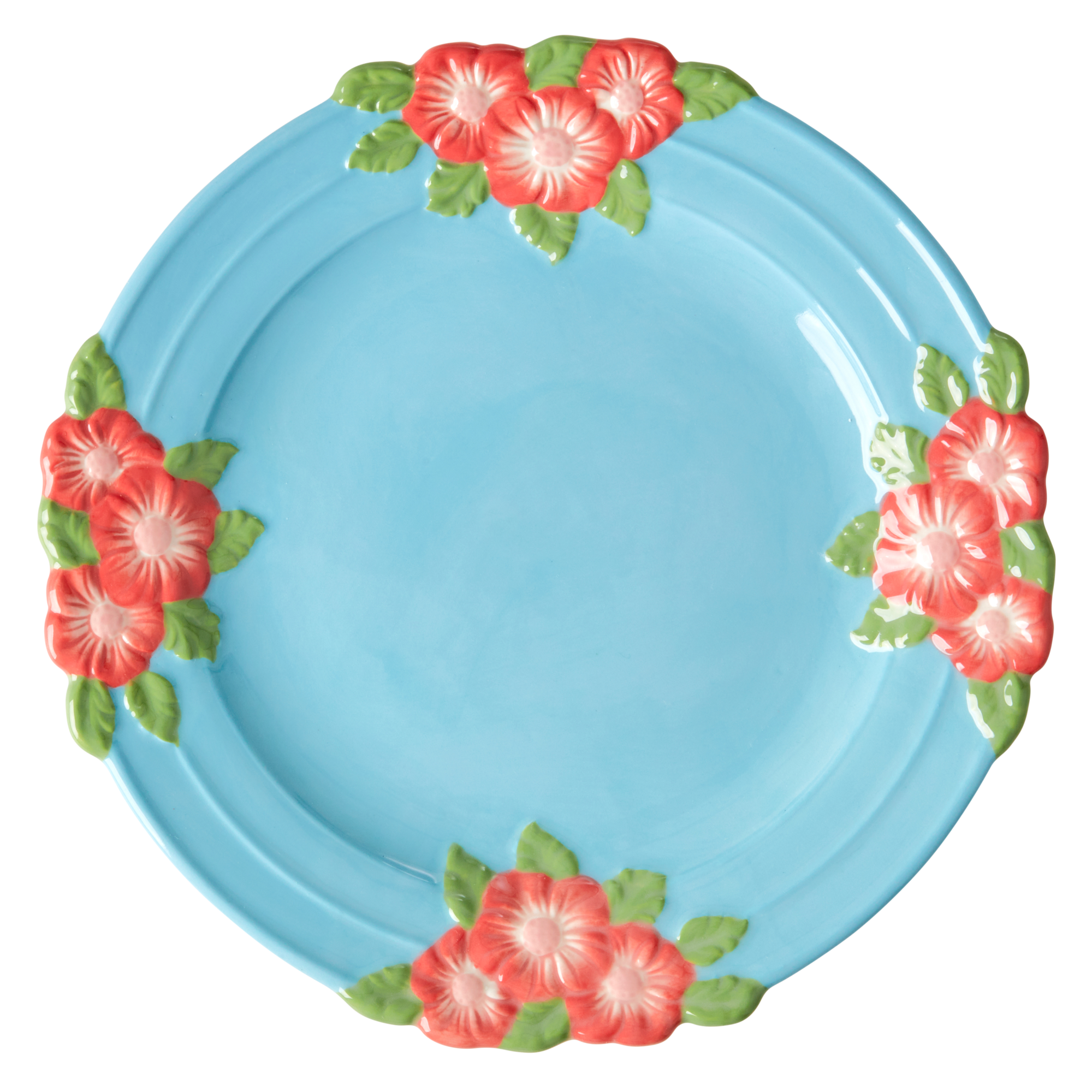 Rice Denmark Flower Emboss Ceramic Lunch Plate, Blue