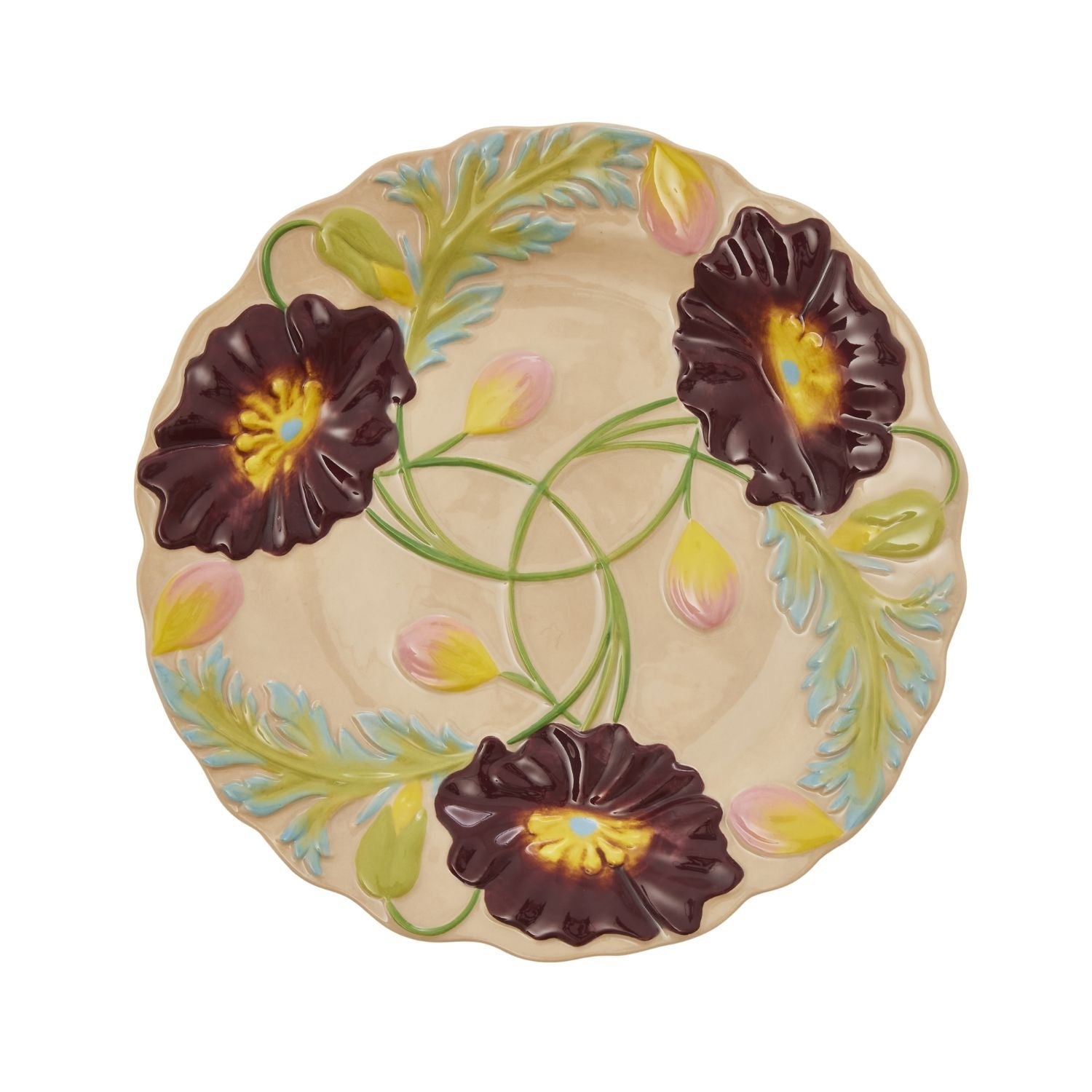 Rice Denmark Flower Emboss Ceramic Cake Plate, Beige