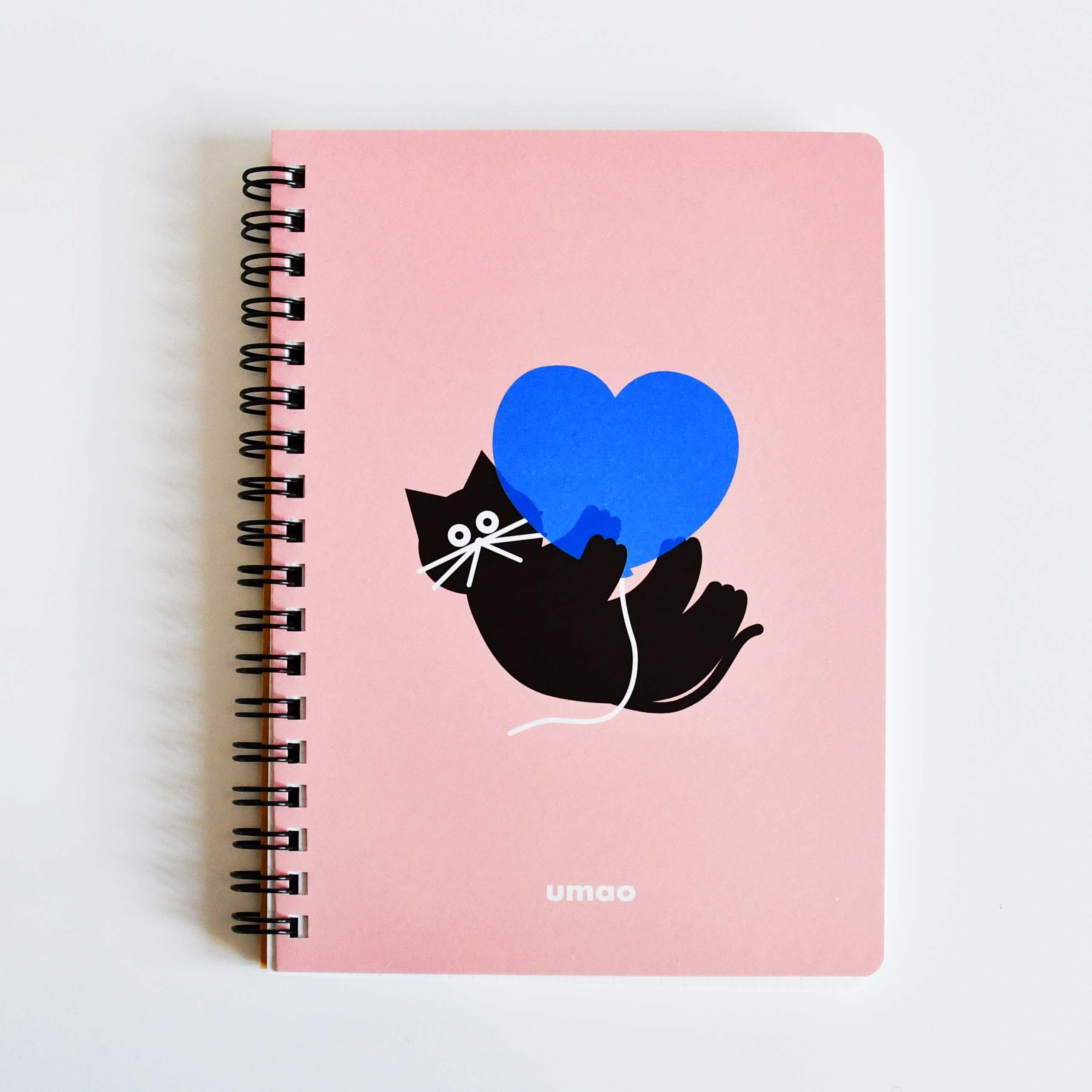 Umao Japanese illustrator Black cat  with blue heart character B6 Ring Notebook, Pink