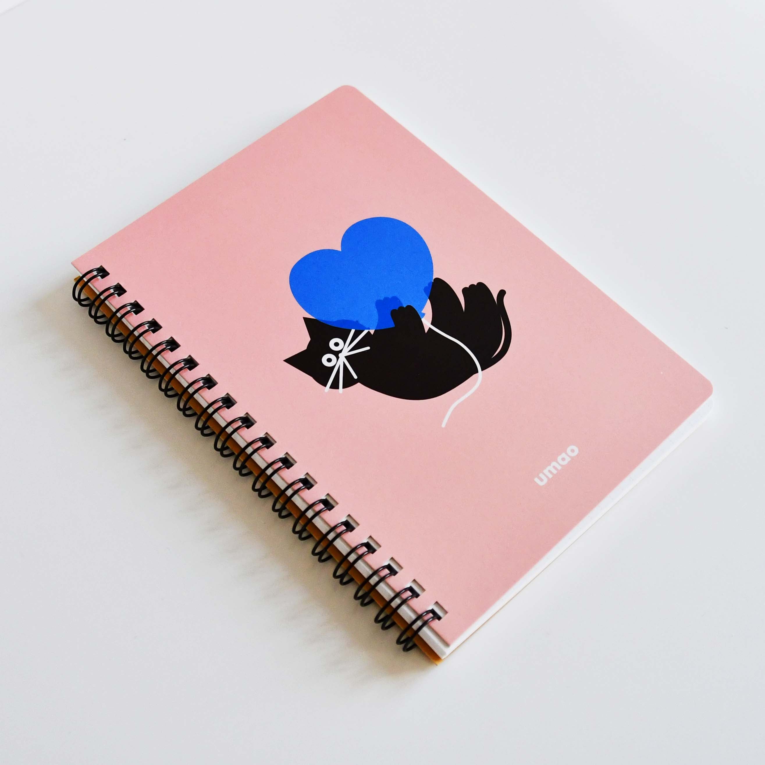 Umao Japanese illustrator Black cat  with blue heart character B6 Ring Notebook, Pink