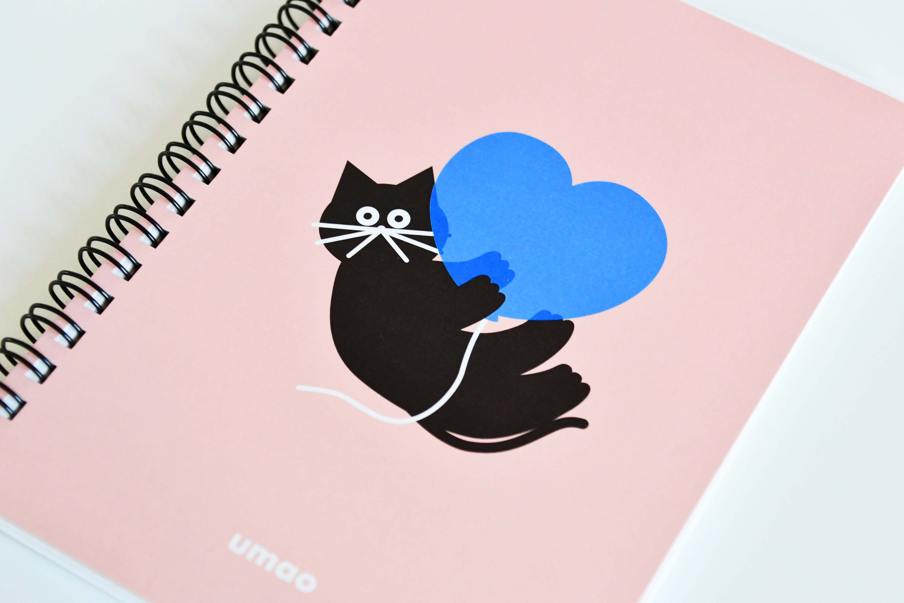 Umao Japanese illustrator Black cat  with blue heart character B6 Ring Notebook, Pink